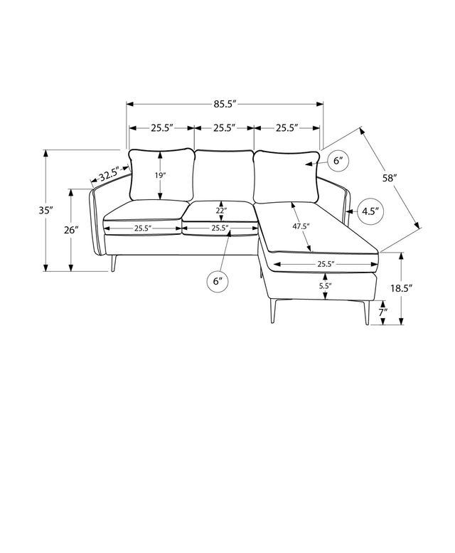 Monarch Specialties Inc. Beige 85" Sofa Lounger and Reversible Chaise with Black Metal Legs-2