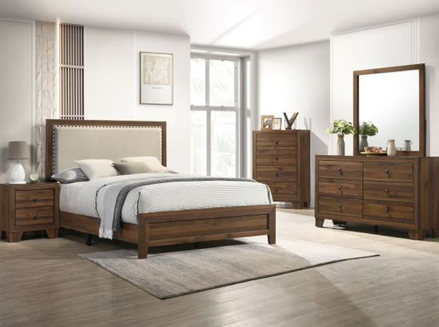 Crown Mark Millie Brown Cherry Queen Upholstered Panel Bed-1