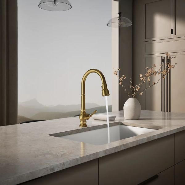 KOHLER® Artifacts® Vibrant Brushed Moderne Brass Touchless Kitchen Sink Faucet with 3-Function Sprayhead-2