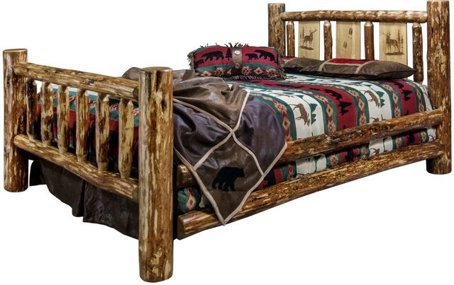 Montana Woodworks® Glacier Country Stain & Clear Lacquer Queen Bed with Laser Engraved Elk Design-3