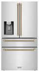 ZLINE Autograph Edition 36" 21.6 Cu. Ft. Stainless Steel Counter-Depth French Door Refrigerator with Water and Ice Maker in Fingerprint-Resistant and Champagne Bronze Helix Handles-0