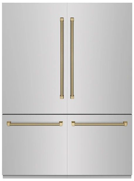 ZLINE Autograph Edition 60" 32.2 Cu. Ft. Stainless Steel with Graphite Gray Interior and Champagne Bronze Helix Handles French Door Built-In Bottom Freezer Refrigerator with Water Dispenser and Ice Maker -0
