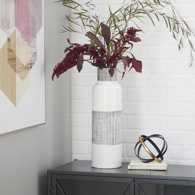 Deco Marche CosmoLiving by Cosmopolitan White Handmade Decorative Vase with Gray Striped Accents-2
