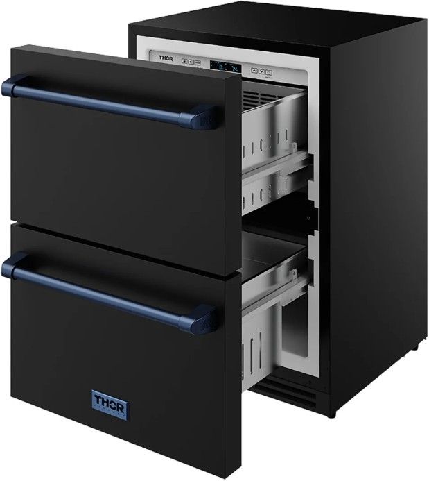 Thor Kitchen Gordon Ramsay Collection 24” 5.4 Cu. Ft. Anti-Fingerprint Black Built-In or Freestanding Under the Counter Refrigerator Drawer with Blue Handle-4