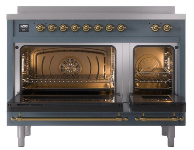 Ilve® Nostalgie II Noblesse 48'' Blue Gray Pro Style Induction Range with Brass Trim-1