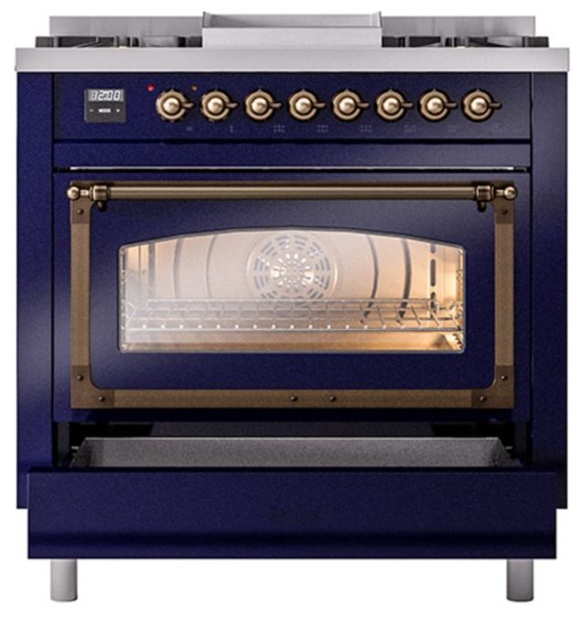 Ilve® Nostalgie II Noblesse 36'' Midnight Blue Pro Style Dual Fuel Range with Burnished Trim-3