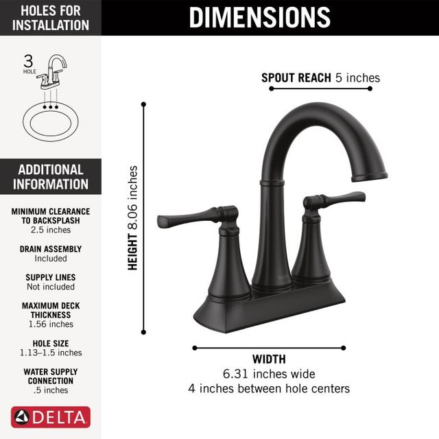 Delta Archdale™ Matte Black 2-Handle Centerset Bathroom Faucet with Drain-3