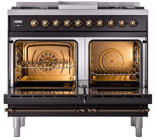 Ilve® Nostalgie II Noblesse 40'' Glossy Black Pro Style Dual Fuel Range with Burnished Trim-1