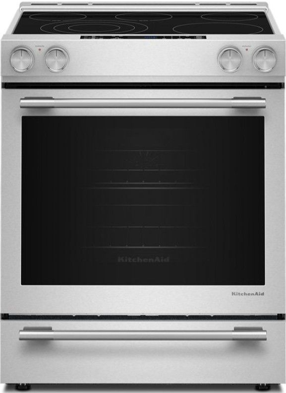 KitchenAid® 30” PrintShield™ Stainless Steel Convection Electric Slide-In Gas Range with 5 Element and Baking Drawer-0