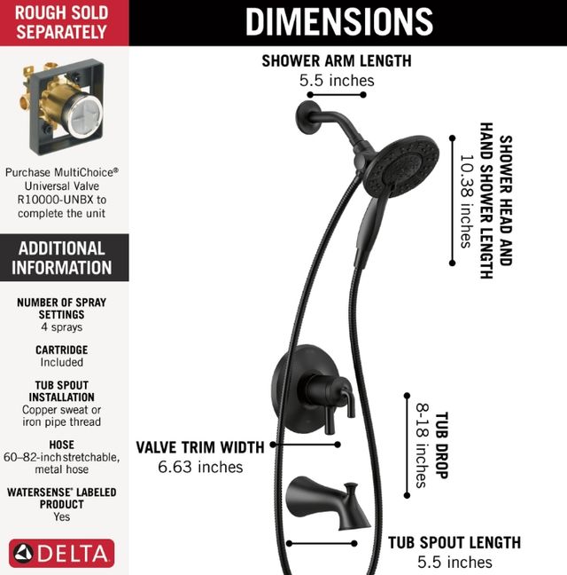 Delta Kayra® Monitor® 17 Series Matte Black Two-in-One Tub and Shower Trim-3