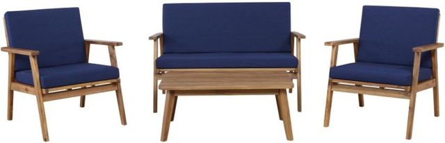 Linon Cosgrove 4-Piece Blue/Walnut Fabric/Wooden Outdoor Chat Table Set-1