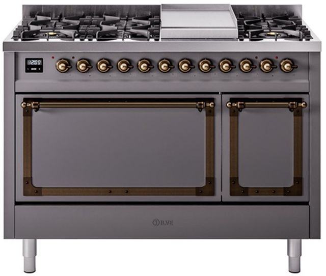 Ilve® Nostalgie II Noblesse 48'' Graphite Matte Pro Style Dual Fuel Range with Burnished Trim-0