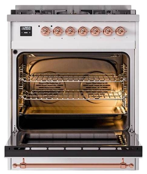 Ilve® Nostalgie II Noblesse 30'' White Pro Style Dual Fuel Range with Copper Trim-1