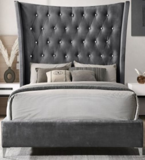 Milton Greens Stars Dark Gray Queen Wing Back Tufted Headboard Platform Bed-0