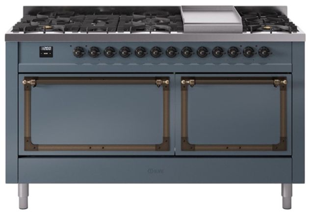 Ilve® Nostalgie II Noblesse 60'' Blue Gray Pro Style Dual Fuel Range with Burnished Trim-0