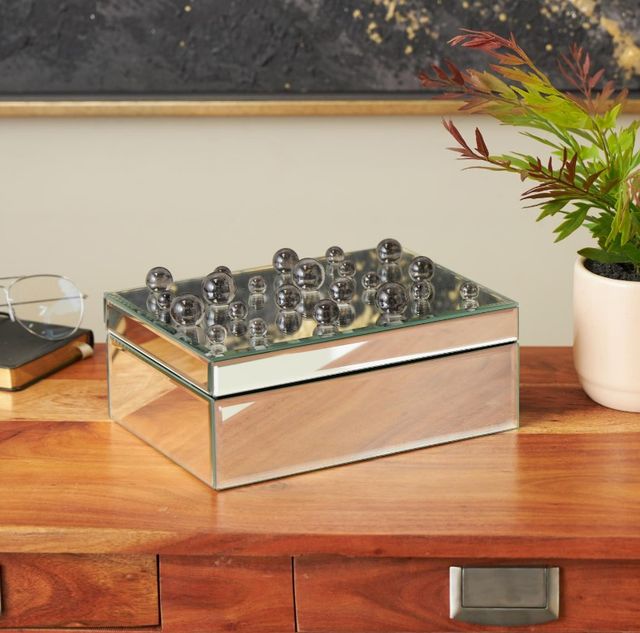 Deco Marche CosmoLiving by Cosmopolitan Silver Mirrored 10'' Decorative Jewelry Box with Black Bubble Textured Balls-3