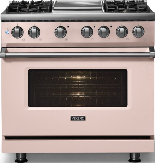 Viking® 5 Series 36" Blush Pro Style Dual Fuel (NG) Range with Polished Chrome Trim-2