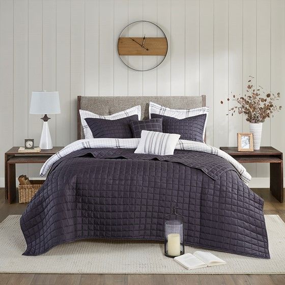 Olliix by Madison Park Fillmore 8 Piece Printed Seersucker Grey King/California King Comforter and Coverlet Set Collection-0