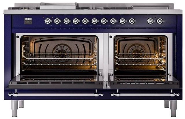 Ilve® Nostalgie II Noblesse 60'' Midnight Blue Pro Style Dual Fuel Range with Chrome Trim-1