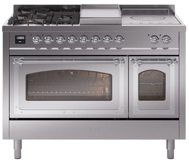 Ilve® Nostalgie II Noblesse 48'' Stainless Steel Pro Style Dual Fuel Range with Chrome Trim-0