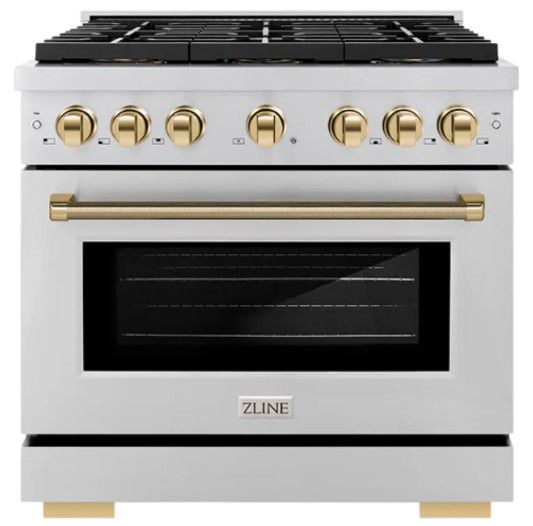 ZLINE Autograph Edition Paramount 36" 5.2 Cu. Ft. Stainless Steel Gas Range with 6 Burner DuoPro™ Cooktop and Convection Gas Oven with Champagne Bronze Helix Handle and Accents-0