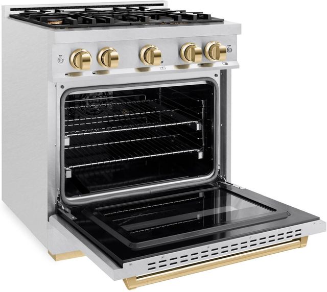 ZLINE Classic Autograph Edition 30" Satin Stainless Steel Pro Style Dual Fuel Range with Polished Gold Accents-3