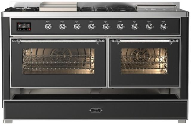 Ilve® Majestic III 60" Graphite Matte Pro Style Dual Fuel Liquid Propane Range with French Top and Chrome Trim-2