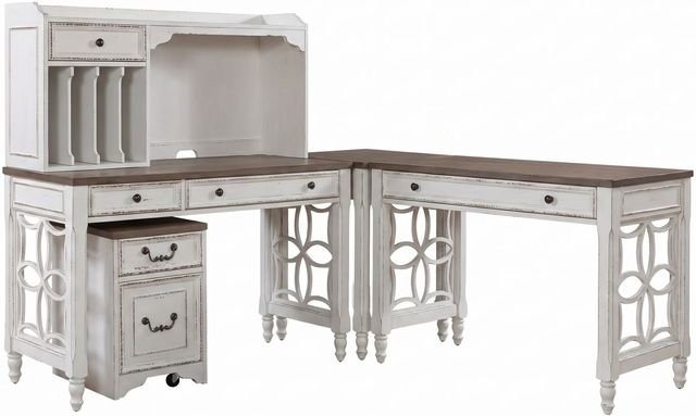 Liberty Furniture Magnolia Manor 5-Piece Antique White/Weathered Bark L-Shaped Office Desk Set-0