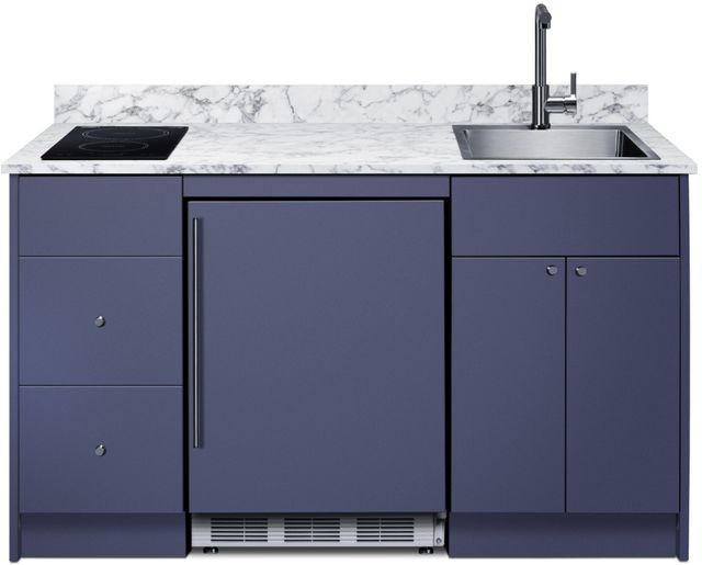 Summit® Turnkey Caldera 63" Midnight Navy Kitchenette with Undercounter the Refrigerator, Induction Cooktop and Sink with Faucet-1