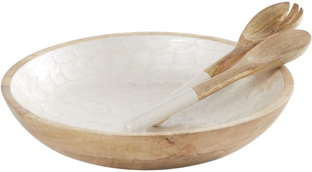Deco Marche 3-Piece Brown/Cream Mango Wood Handmade Decorative Bowl with Utensils Set-2