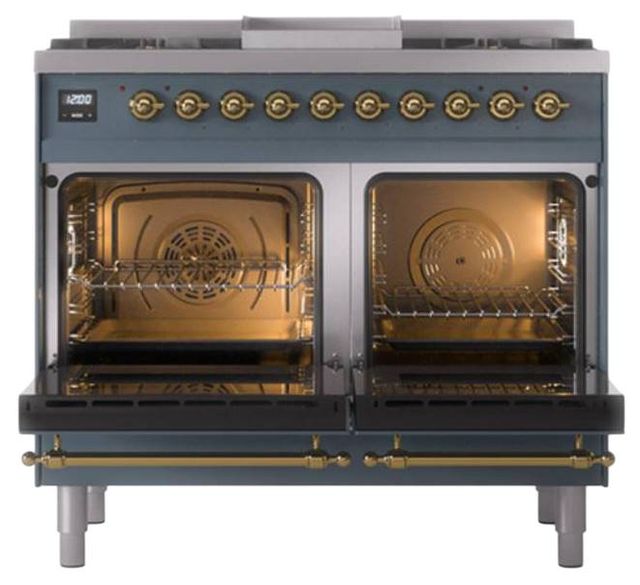 Ilve® Nostalgie II Noblesse 40'' Blue Gray Pro Style Dual Fuel Range with Brass Trim-2