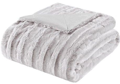 Olliix by Madison Park Duke Grey 50x60" Polyester Solid Stripe Plaited Brushed Long Fur Knitted Throw-1