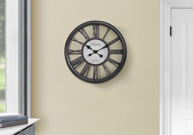 Monarch Specialties Inc. Antique Black 18" Round Wall Clock with Roman Numerals on Open Background-1