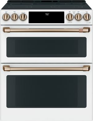 front view of the Café™ Matte White 30" Slide In Double Oven Electric Range