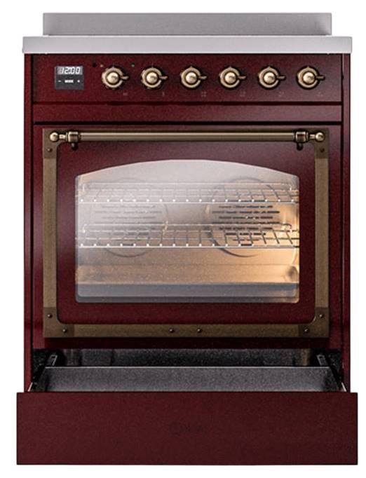Ilve® Nostalgie II Noblesse 30'' Burgundy Pro Style Induction Range with Burnished Trim-3