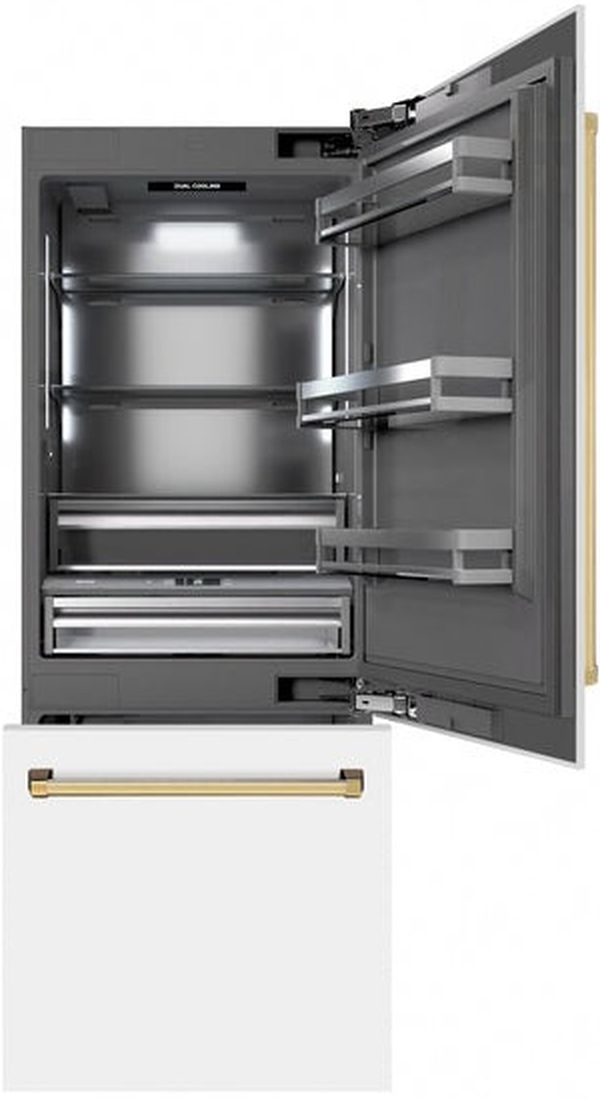 ZLINE Autograph Edition 30" 16.1 Cu. Ft. White Matte Built-In Bottom Freezer Refrigerator with Water Dispenser, Ice Maker, Graphite Gray Interior, and Polished Gold Accents-1
