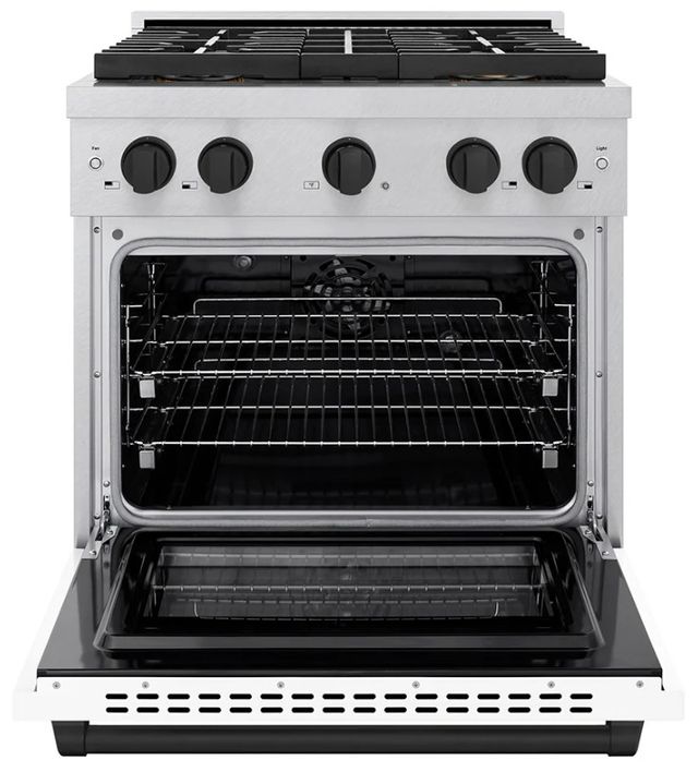 ZLINE Autograph Edition Paramount 30" 4.2 Cu. Ft. Satin Stainless Steel Dual Fuel Range with 4 Burner DuoPro™ Cooktop and Electric Convection Oven with White Matte Door and Matte Black Accents-3