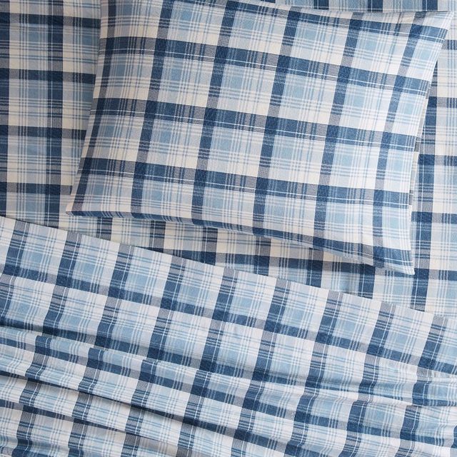 Olliix by Woolrich Blue Plaid California King Flannel Cotton Sheet Set-4