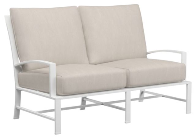 Sunset West Bristol Satin White Aluminum Outdoor Loveseat with Canvas Flax Cushion-0