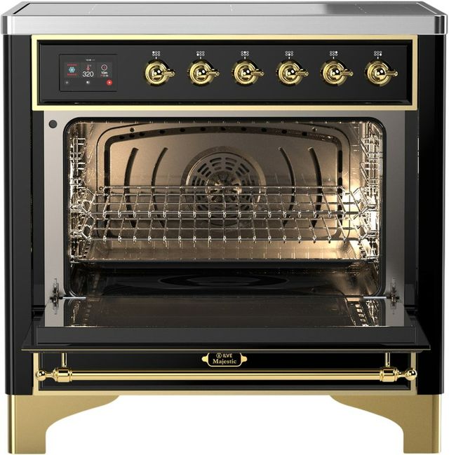 Ilve® Majestic III 36" Glossy Black Pro Style Induction Range with Solid Door and Brass Trim-1
