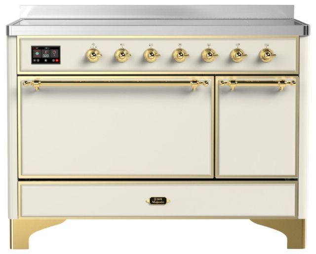 Ilve® Majestic III 48" Antique White Pro Style Induction Range with Solid Door and Brass Trim-0