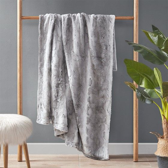 Olliix by Madison Park Zuri Grey 60x70" Polyester Faux Tip Dyed Brushed Long Fur Throw-2