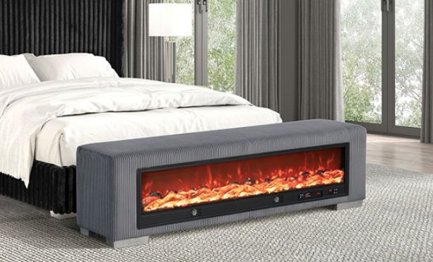 Furniture of America® Elnath Gray Bench with Visual Wood Log Fireplace-1