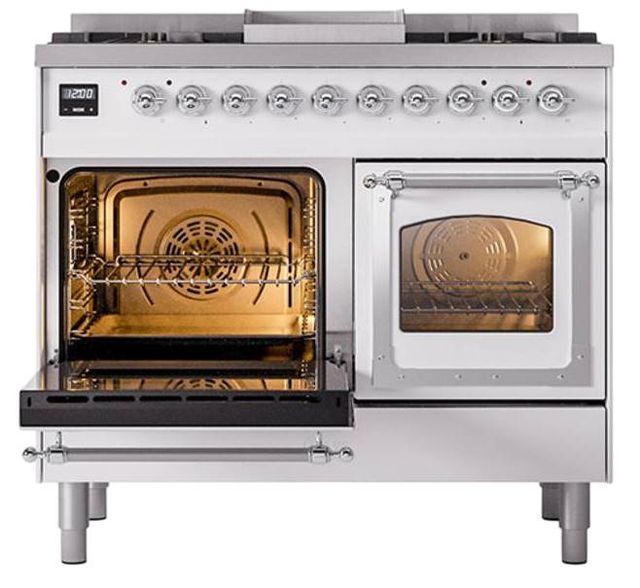 Ilve® Nostalgie II Noblesse 40'' White Pro Style Dual Fuel Range with Chrome Trim-3