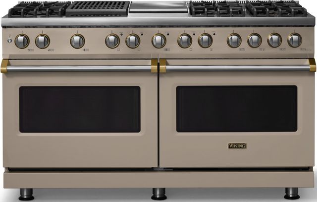 Viking® 5 Series 60" Nantucket Pro Style Dual Fuel (LP) Range with Brushed Brass Trim-0