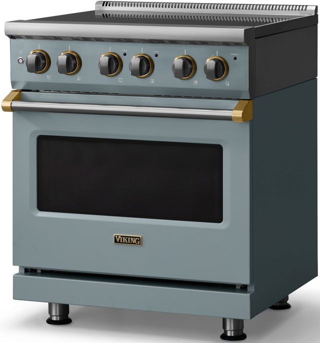 Viking® 5 Series 30" Novembery Sky Pro Style Electric Range with Brushed Brass Trim-2