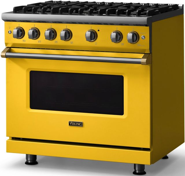 Viking® 5 Series 36" Daffodil Pro Style Gas (LP) Range with Brushed Brass Trim-2