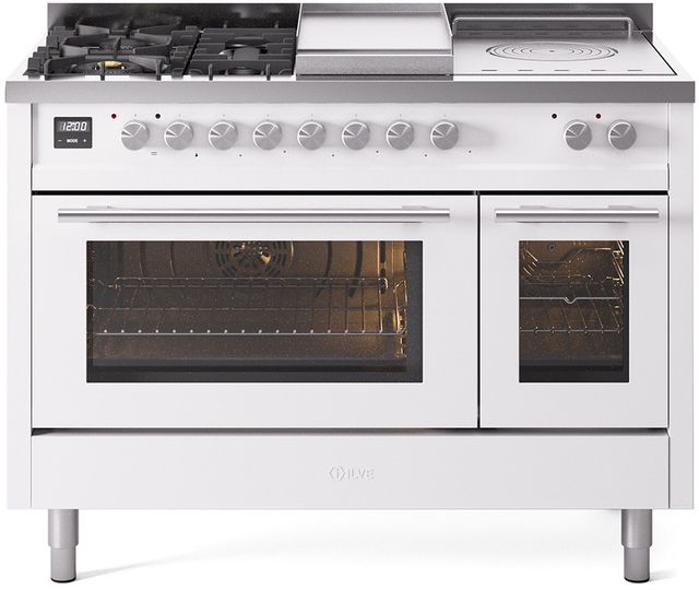 Ilve® Professional Plus II 48" White Pro Style Dual Fuel Range-0