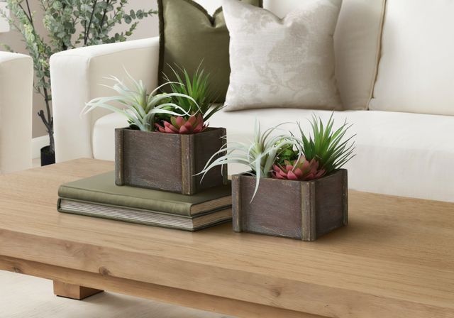 Monarch Specialties Inc. 2-Piece 10" Succulent Artificial Plant Set with 7" Brown Wooden Boxes-0