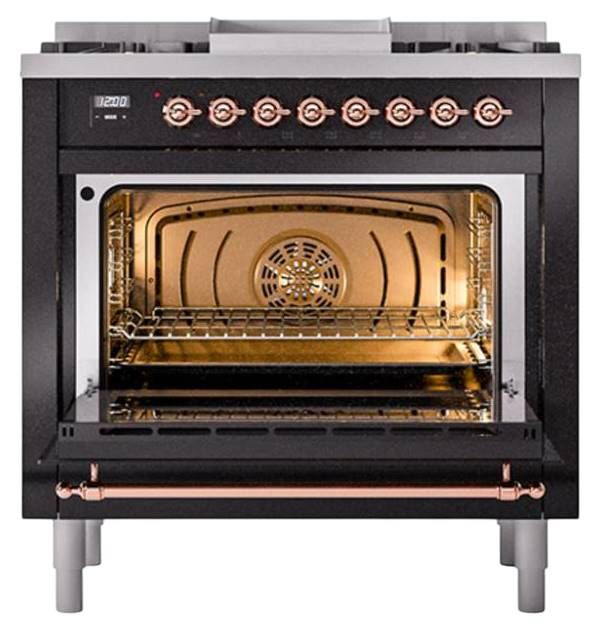 Ilve® Nostalgie II Noblesse 36'' Glossy Black Pro Style Dual Fuel Range with Copper Trim-1